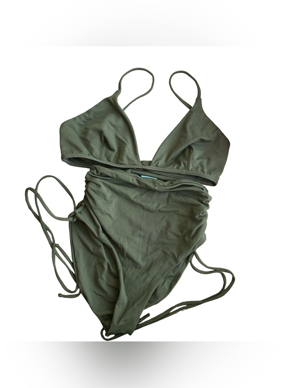 Melissa‎ Obadash Olive Green High Waisted Ruched Sides Tie Triangle Top Bikini 6